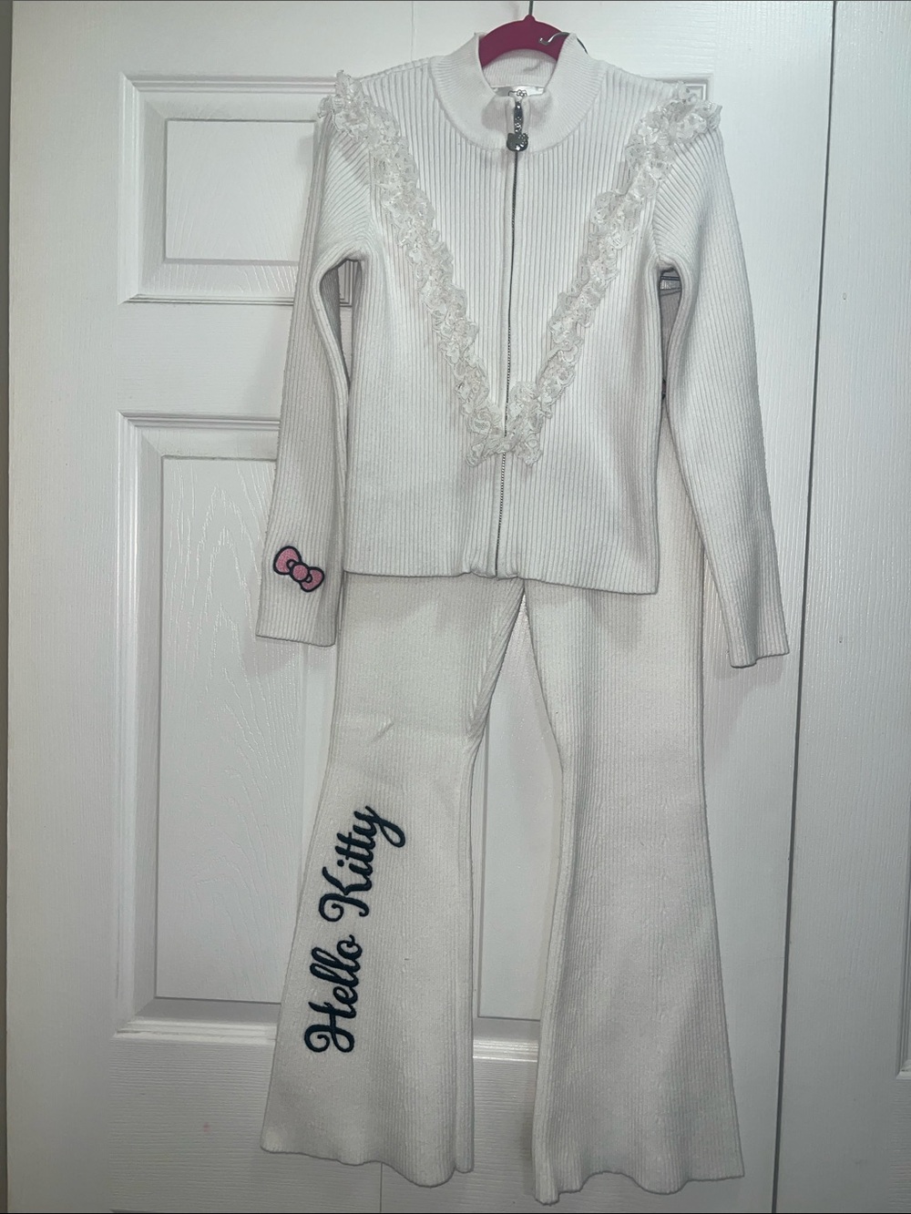 Hello Kitty White Knit Pajama Set with Pink Bow Accent